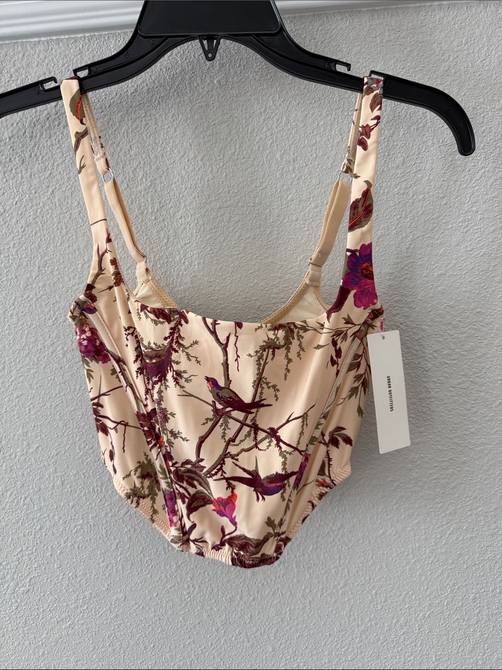 Floral Bird Print Satin Bustier - Cream & Plum
